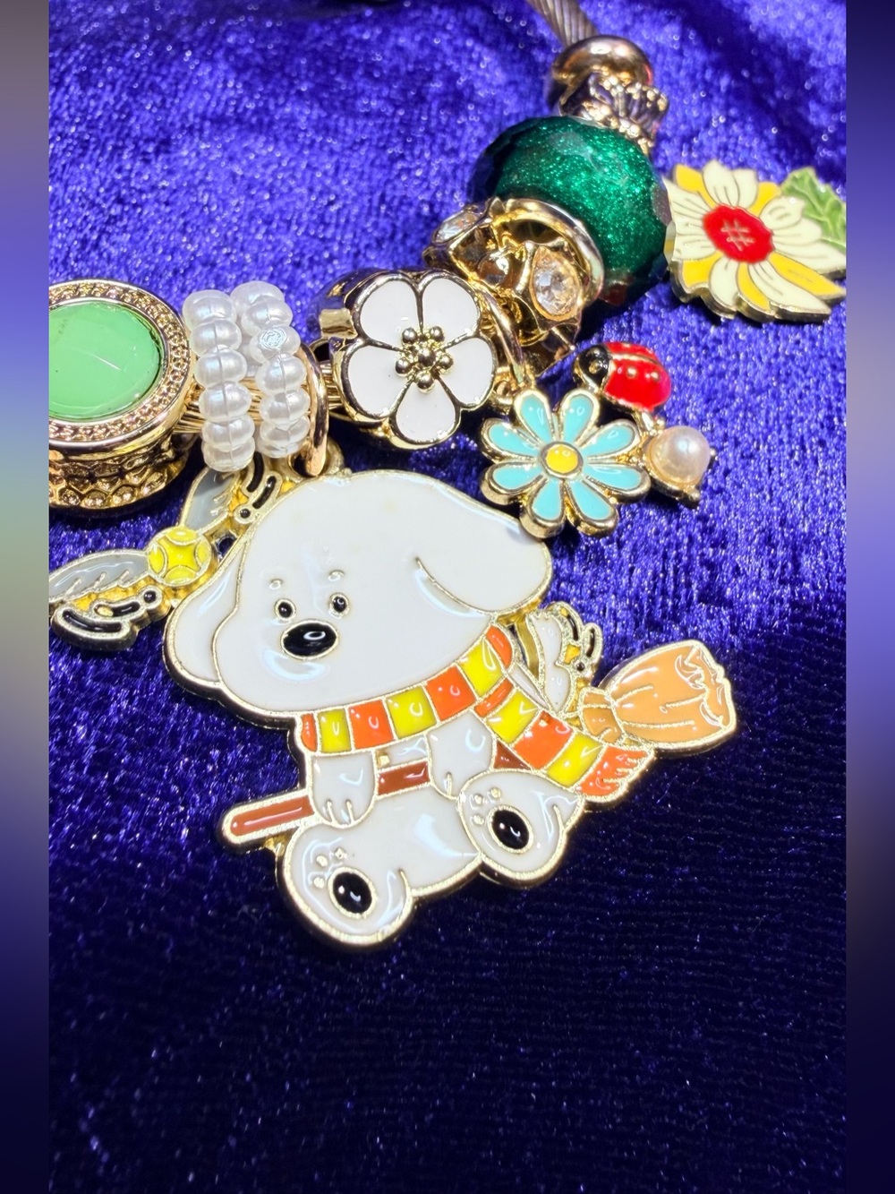 Adorable Fall White Dog Enamel Charm Bracelet with Flower Accents